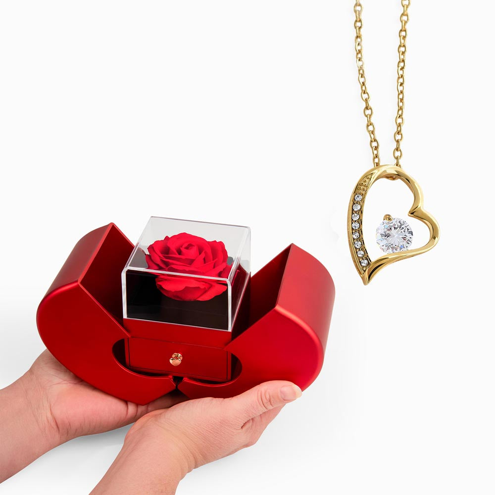 Gift Necklace Forever Love & Box Red Heart Rose.