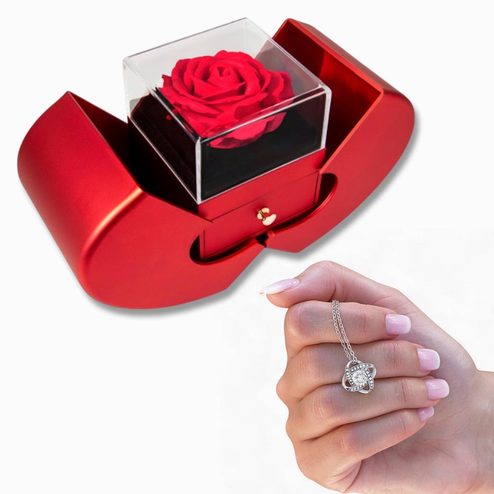 Gift Box Red Heart Rose & Necklace Love Knot.