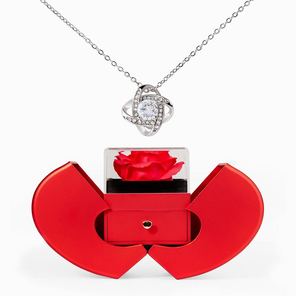 Gift Box Red Heart Rose & Necklace Love Knot.