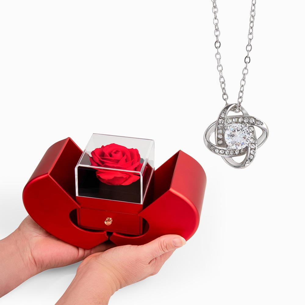 Gift Box Red Heart Rose & Necklace Love Knot.