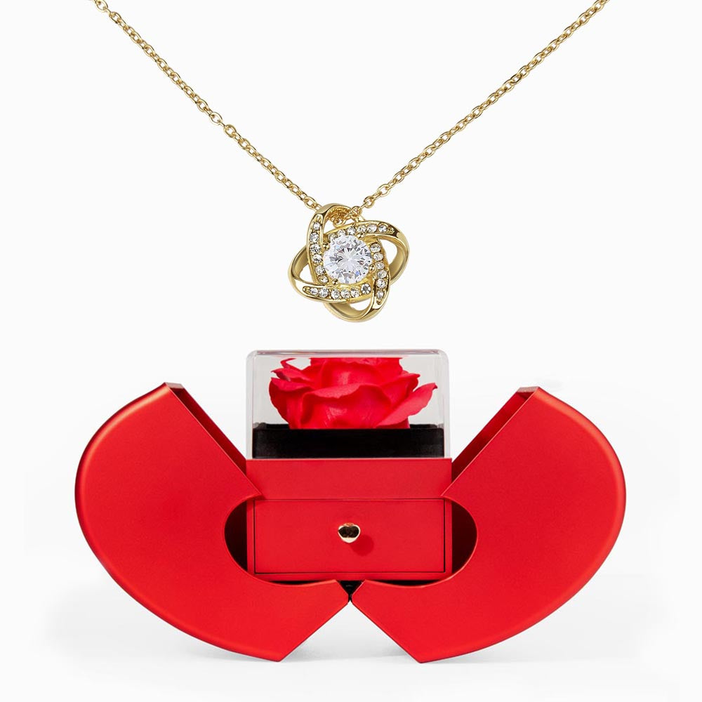 Gift Box Red Heart Rose & Necklace Love Knot.