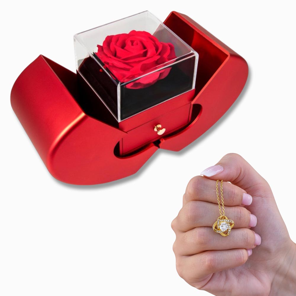 Gift Box Red Heart Rose & Necklace Love Knot.