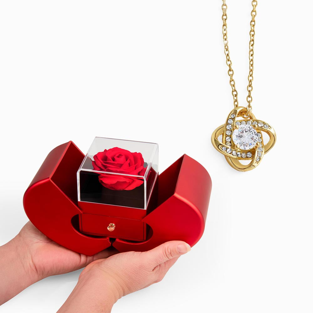 Gift Box Red Heart Rose & Necklace Love Knot.