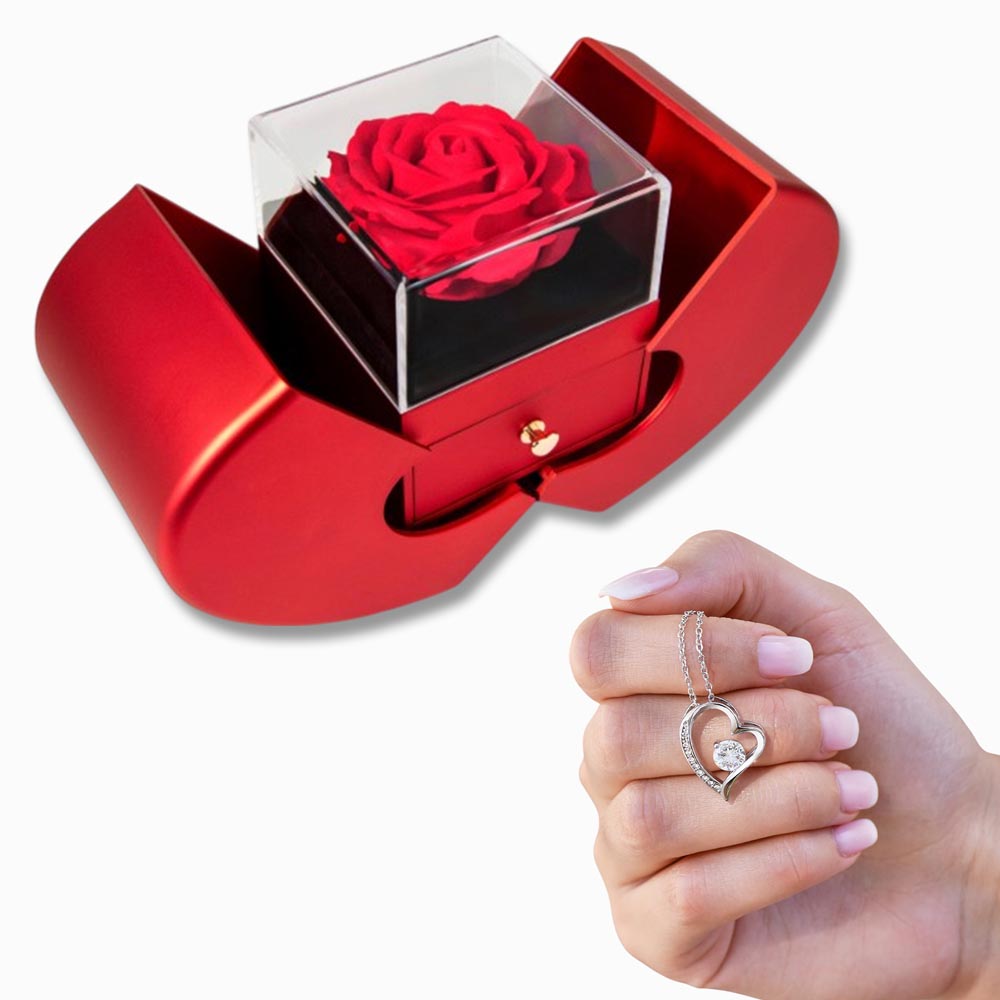 Gift Necklace Forever Love & Box Red Heart Rose.