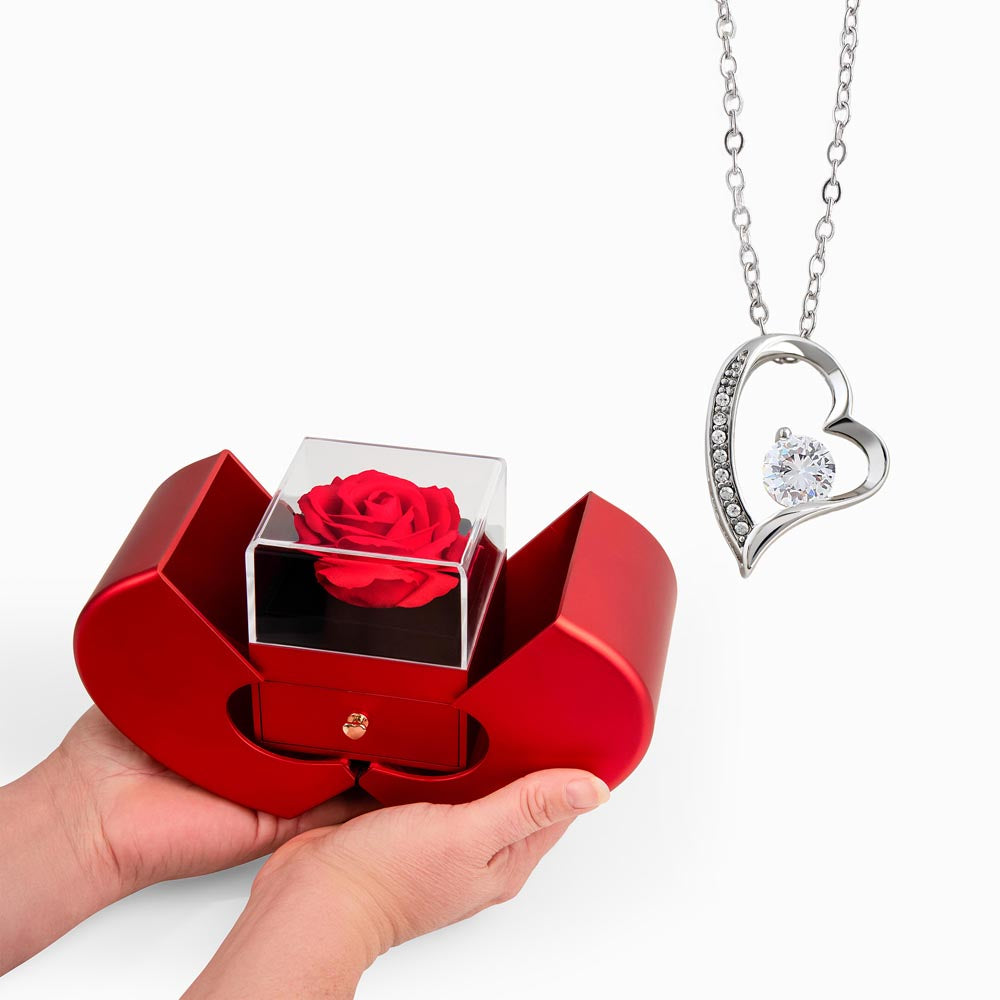 Gift Necklace Forever Love & Box Red Heart Rose.