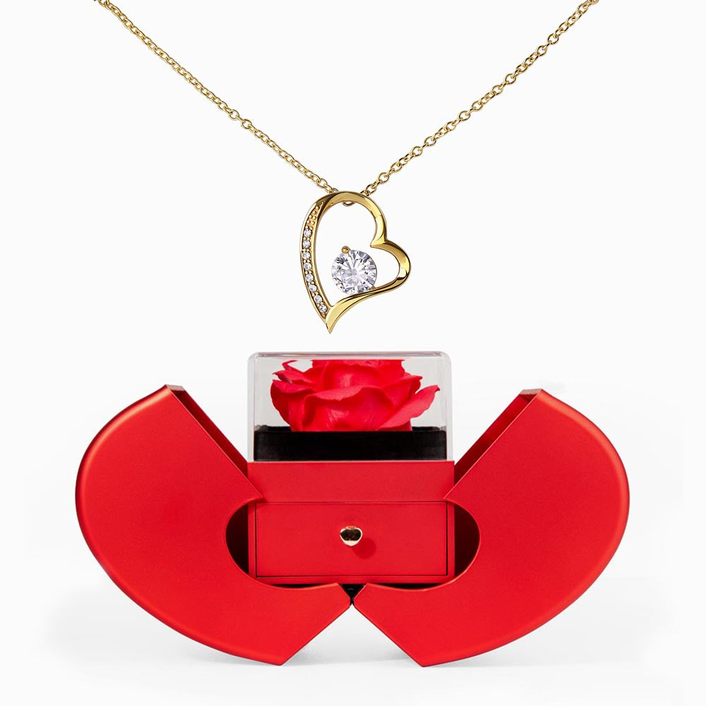Gift Necklace Forever Love & Box Red Heart Rose.