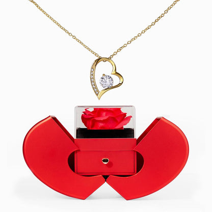 Gift Necklace Forever Love & Box Red Heart Rose.