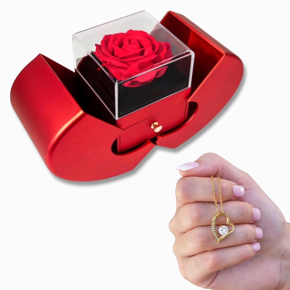 Gift Necklace Forever Love & Box Red Heart Rose.